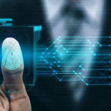 biometric Fingerprint Biometric Digital Scan Technology. Graphic interface showing man finger with print scanning identification. Concept of digital security and private data access by use fingerprint scanner.